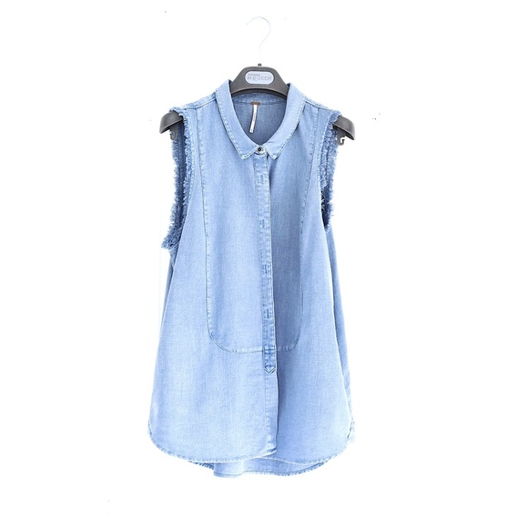 Free People Collared Linen Blend tunic Blue Sz M - Picture 7 of 7